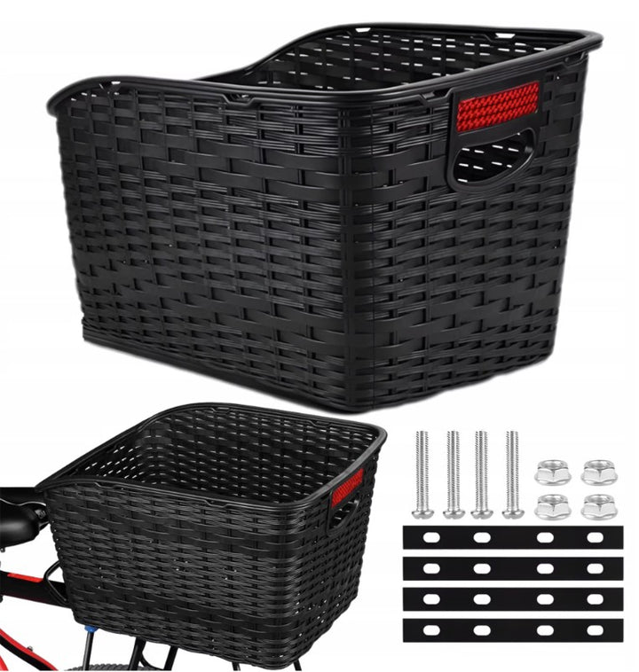 Cos bicicleta cu reflector, Zola, montare pe portbagaj, polipropilena cu aspect de ratan, 39.5 x 28 x 24 cm, cu maner, negru