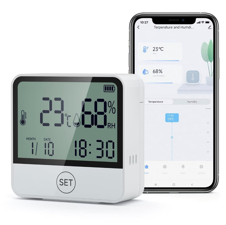 Senzor smart de temperatura si umiditate cu ceas, Zola, wireless, afisaj LCD, control la distanta prin aplicatia TUYA Smart, alimentare baterii, 7 x 7 x 2.6 cm, alb