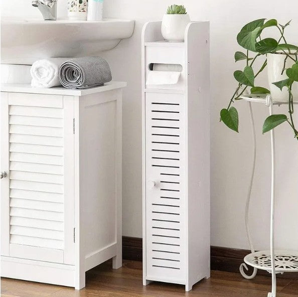 Dulap pentru baie, Zola, 3 rafturi, suport pentru hartie igienica incorporat, plastic, spuma presata, 15 x 15 x 79 cm, alb
