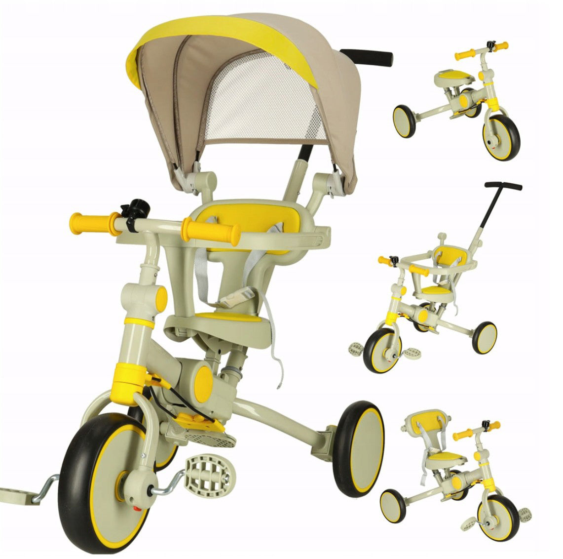 Tricicleta 6 in 1 copii, Zola, cu pedale, baldachin UV pliabil si detasabil, greutate suportata 25 kg, cadru otel, bej/galben