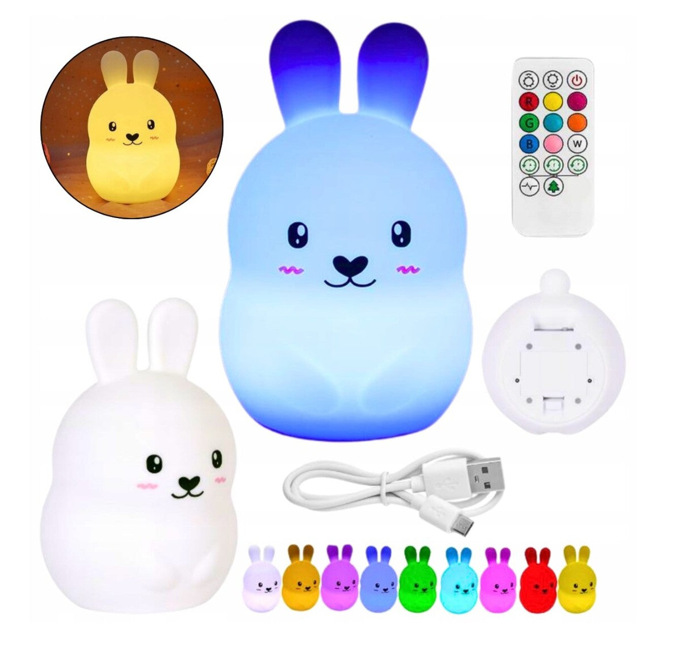 Lampa de veghe cu lumini colorate , Zola®, cu telecomanda , model iepuras, incarcare prin cablu usb