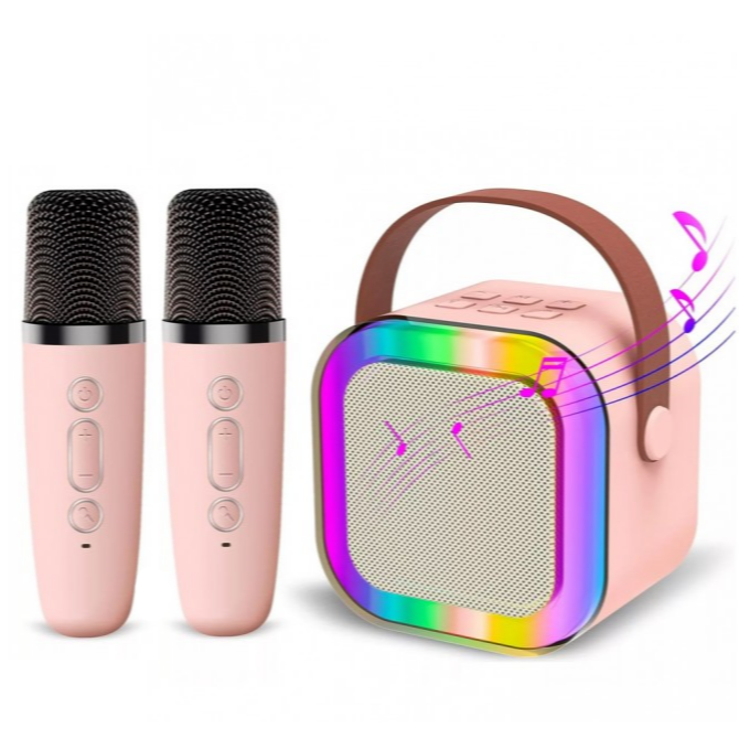 Set karaoke, Zola, difuzor cu 2 microfoane, raza de actiune pana la 10 m, efecte de voce original/femeie/barbat/copil/monstru, bluetooth 5.3, 5W, iluminare LED, roz
