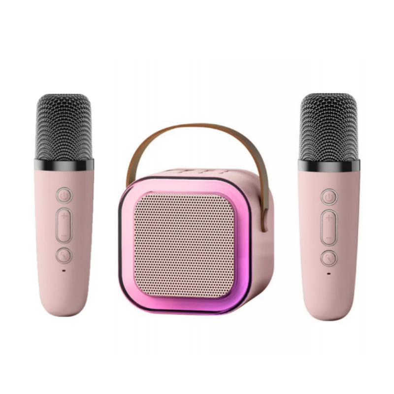 Set karaoke, Zola, difuzor cu 2 microfoane, raza de actiune pana la 10 m, efecte de voce original/femeie/barbat/copil/monstru, bluetooth 5.3, 5W, iluminare LED, roz