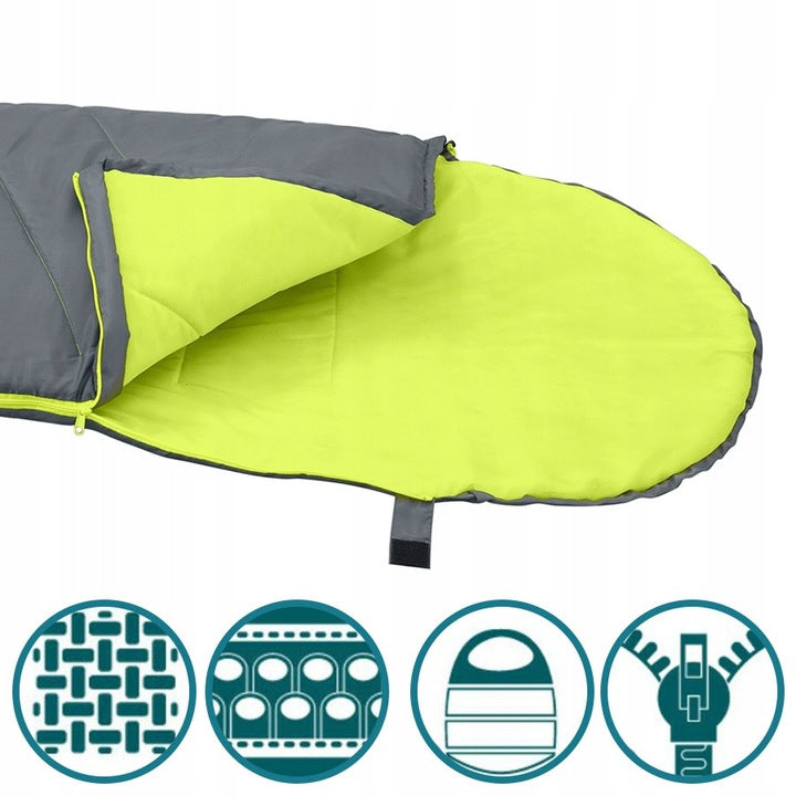 Sac de dormit usor si compact, Bestway, poliester 170T, spuma termica, impermeabil, 800 g, pentru camping si drumetii, 220 x 75 x 50 cm, gri/verde
