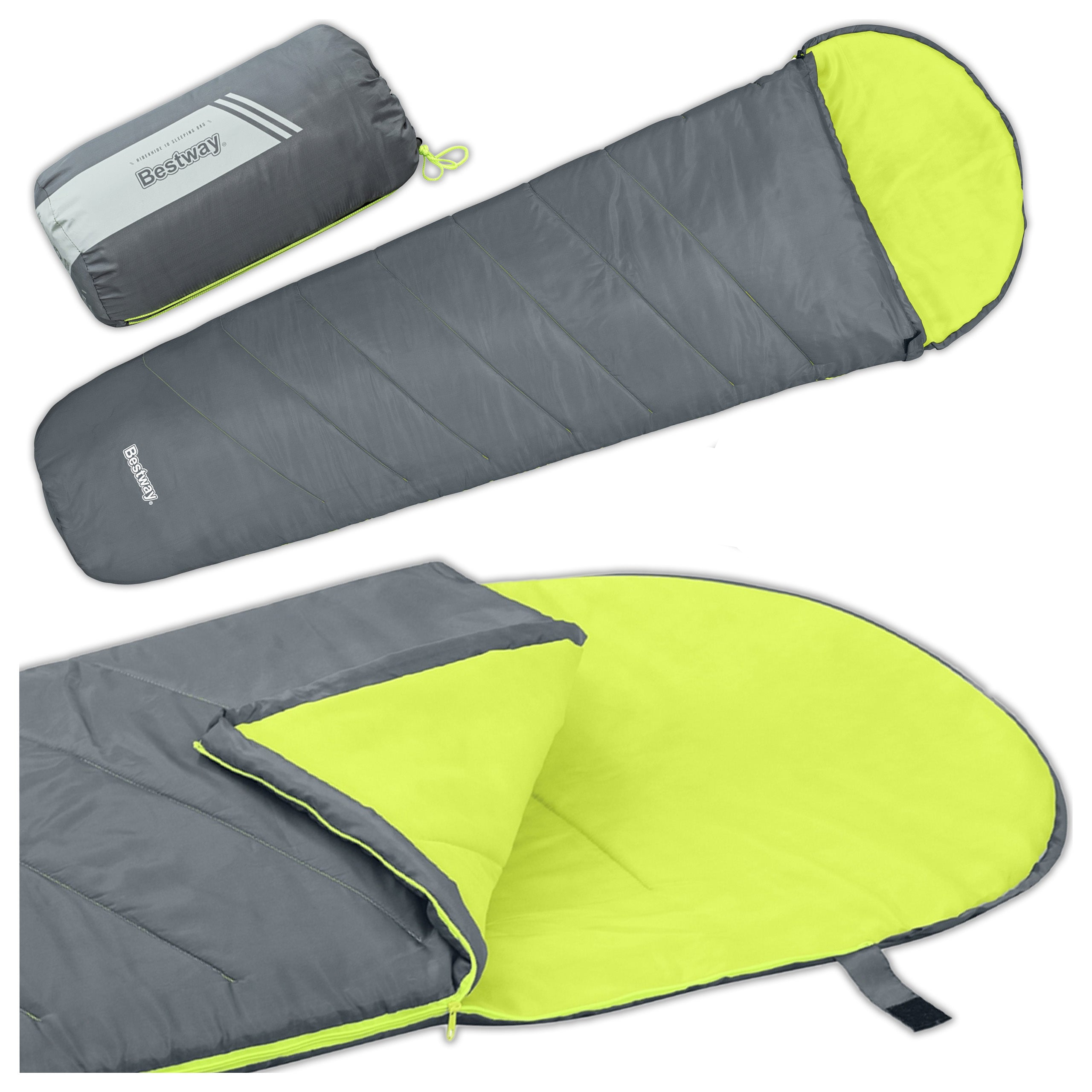 Sac de dormit usor si compact, Bestway, poliester 170T, spuma termica, impermeabil, 800 g, pentru camping si drumetii, 220 x 75 x 50 cm, gri/verde