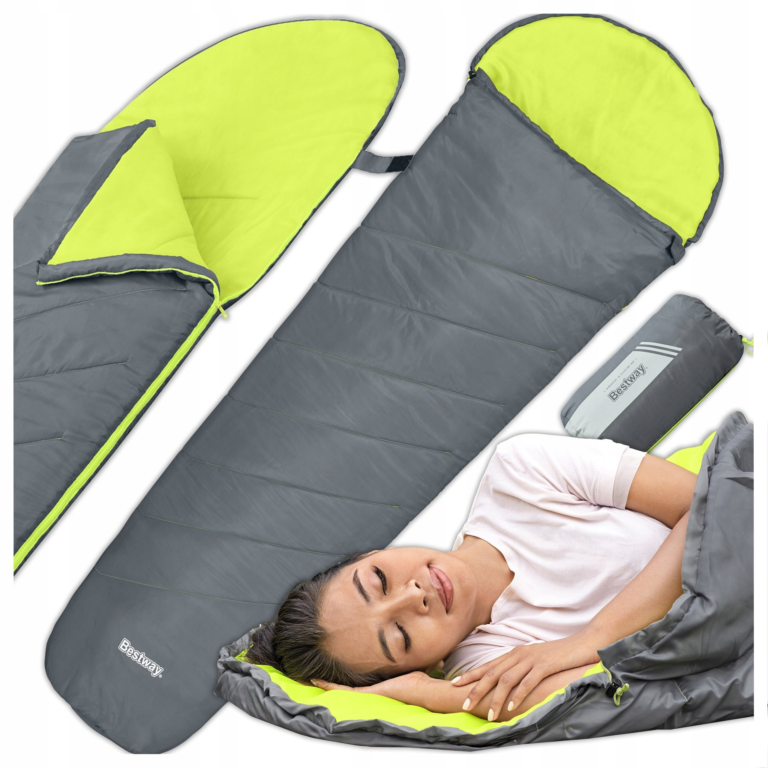 Sac de dormit usor si compact, Bestway, poliester 170T, spuma termica, impermeabil, 800 g, pentru camping si drumetii, 220 x 75 x 50 cm, gri/verde