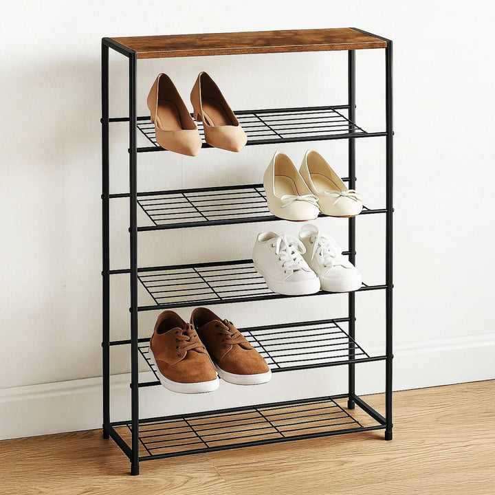 Pantofar modern stil industrial, Zola, 4 rafturi, cadru metalic, blat laminat, 63 x 30 x 83 cm, stejar natur