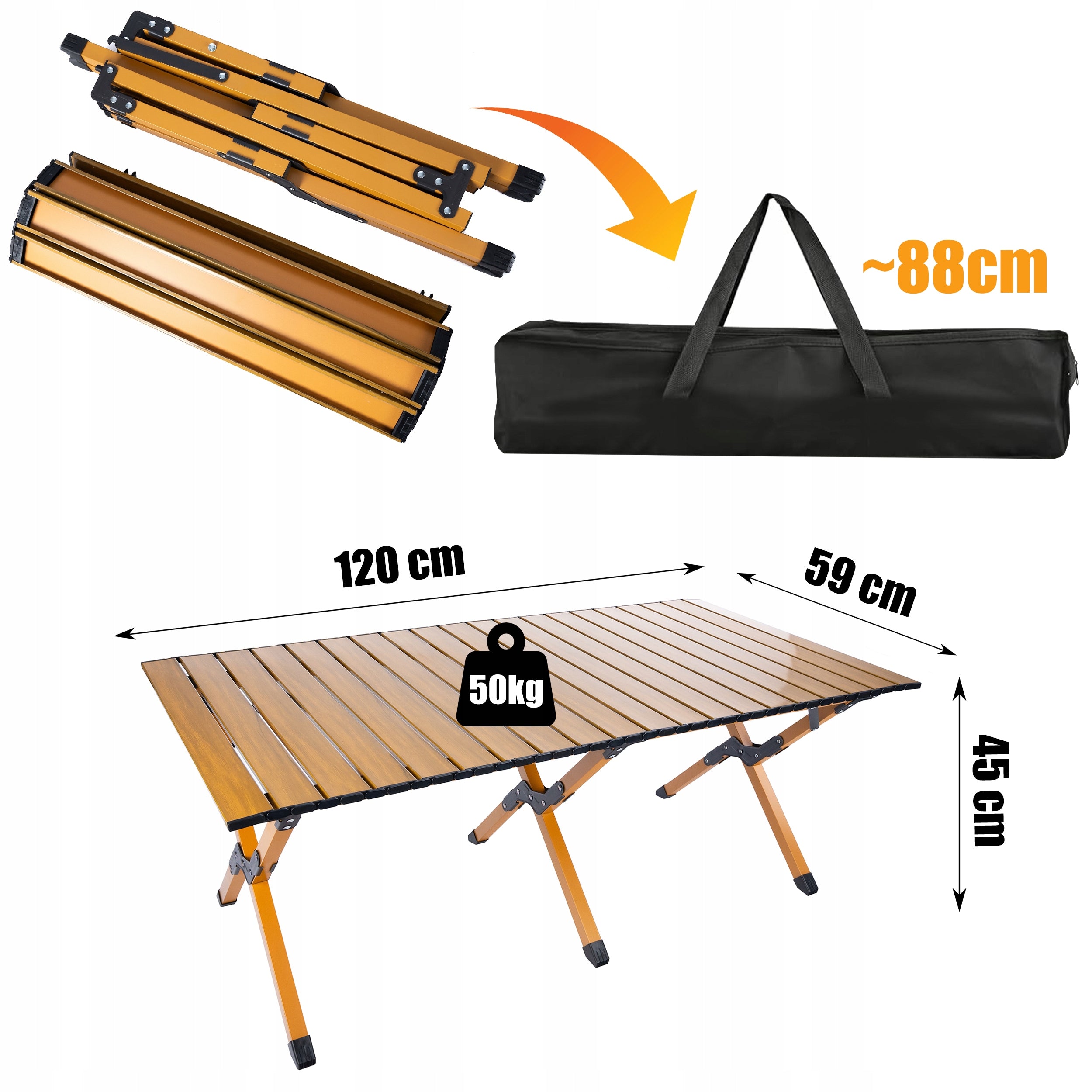 Masa pliabila de camping si drumetii, Zola, 120 x 59 x 45 cm, portabila, cadru din otel, greutate suportata 50 kg, picioare antiderapante, geanta de transport inclusa, maro