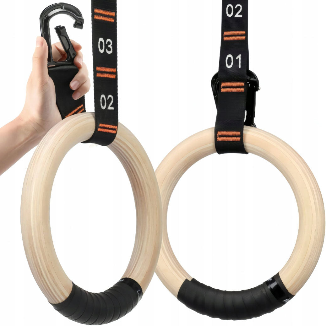 Set 2 inele de gimnastica din lemn, Zola, diametru 17 cm, 2 curele reglabile 240 cm, 2 benzi antiderapante, crem/negru