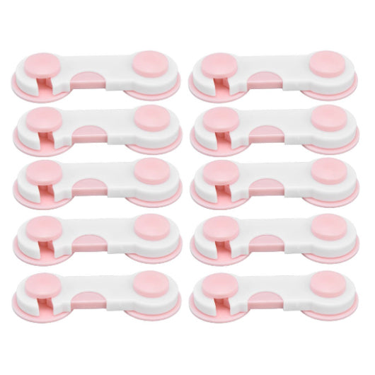 Set 10 sigurante copii dulapuri si sertare, Zola, autoadezive, universale, 9.5 x 3.7 cm, alb/roz