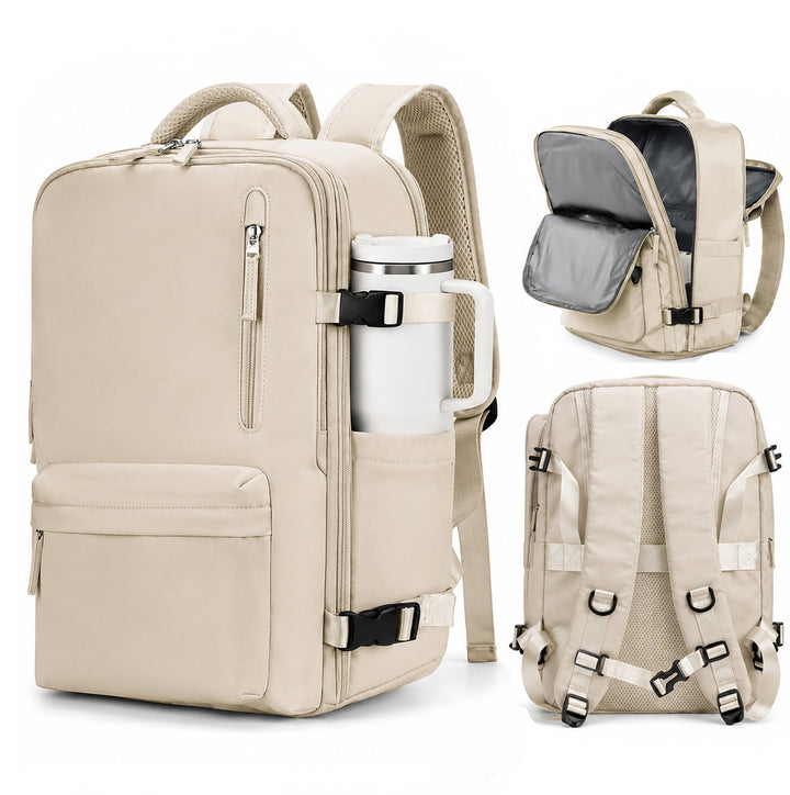 Rucsac pentru avion si calatorie, Zola, bagaj cabina 40 x 20 x 25 cm, 24L, 3 compartimente, compartiment incaltaminte, fixare troler, bej