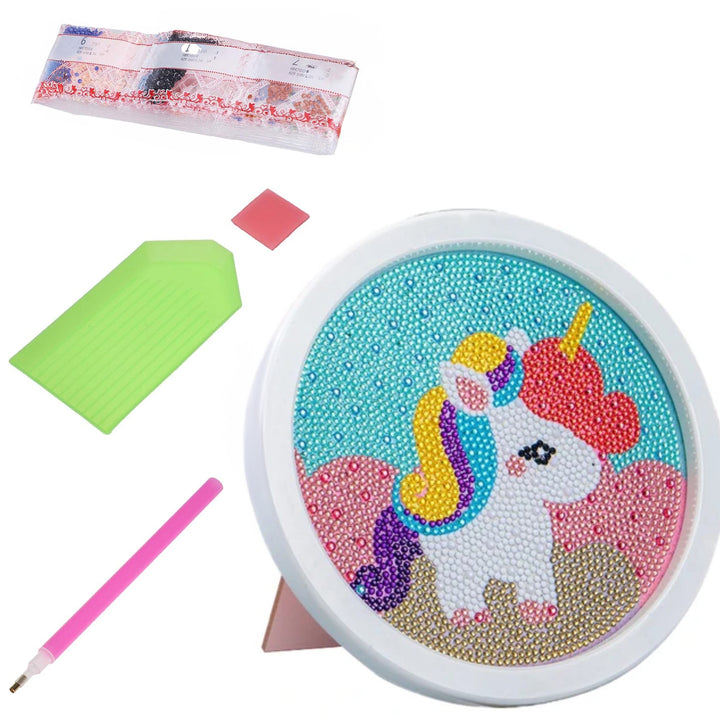 Goblen mozaic cu diamante cu rama, Zola, rotund, model unicorn , 20 x 20 cm
