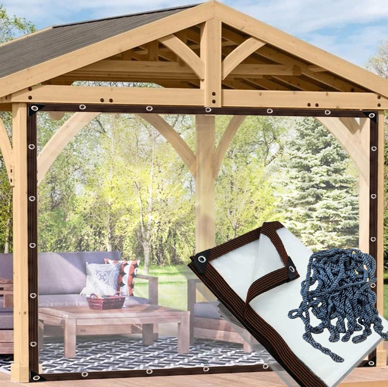 Prelata impermeabila pentru terasa, Zola, 2 x 3.2 m, rezistenta UV si conditii meteo nefavorabile, 14 inele, snur 10 m fixare, polietilena, 70 g/m2, transparenta
