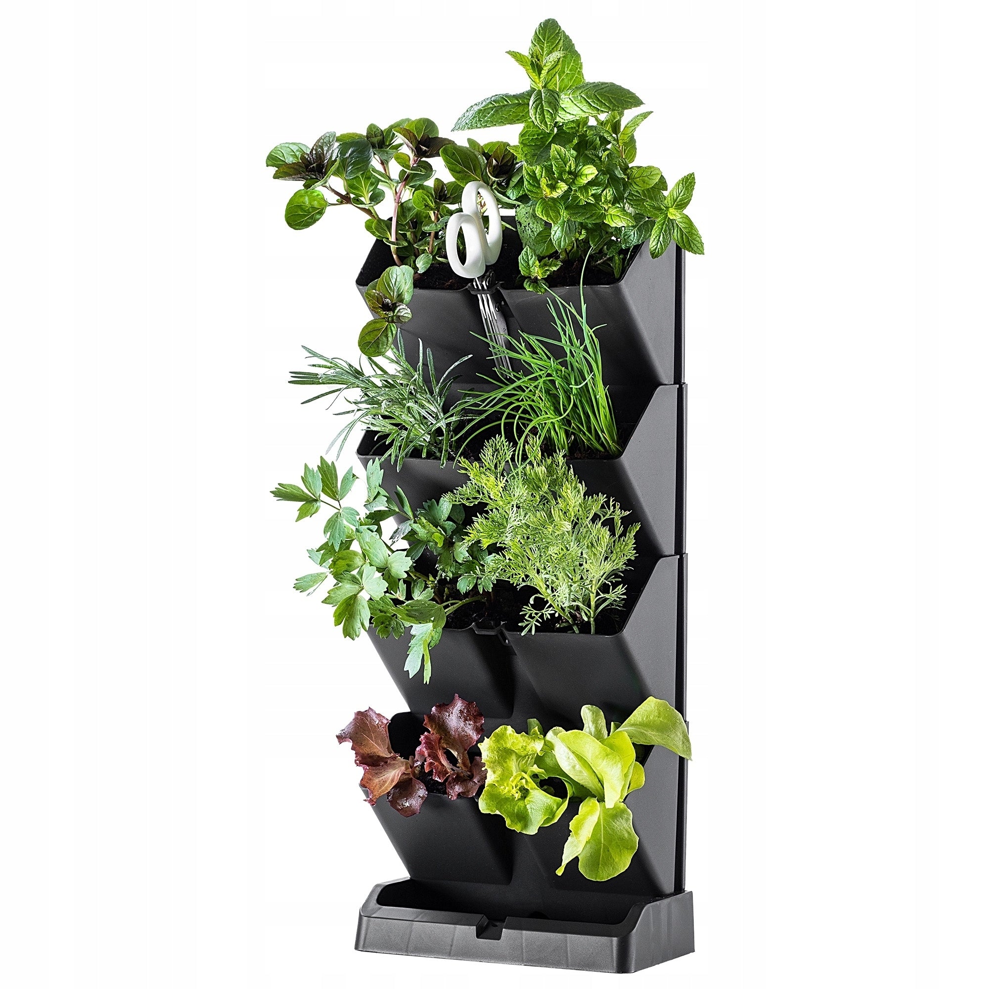 Set 4 ghivece modulare verticale si foarfeca, Zola, pentru plante sau flori,dimensiune totala 47.5 x 18.5 x 11.5 cm, tip cascada, plastic, gri antracit