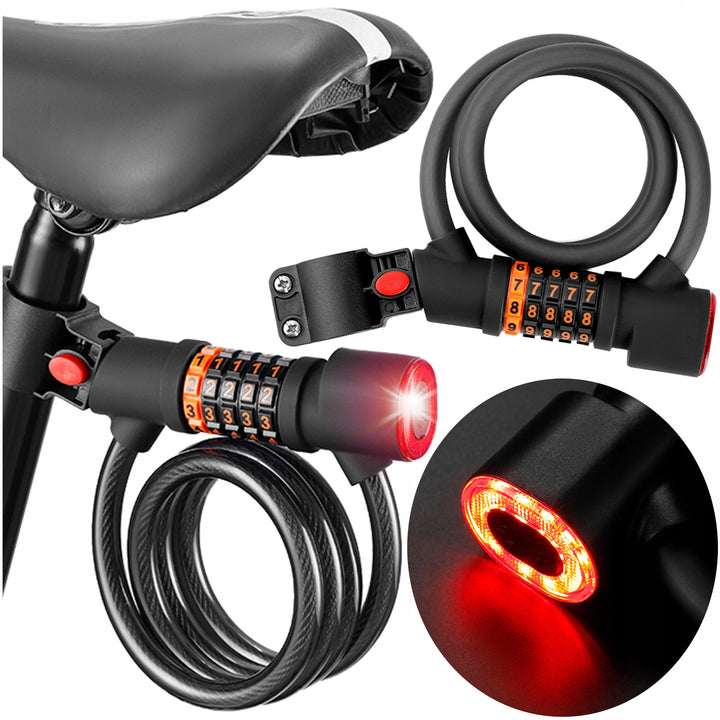 Antifurt bicicleta 2 in 1 cu cifru si stop LED integrat, Zola, 3 moduri de iluminare, suport prindere inclus, grosime cablu 12 mm, lungime 1.2 m, acumulator 260mAh, cablu USB inclus, negru