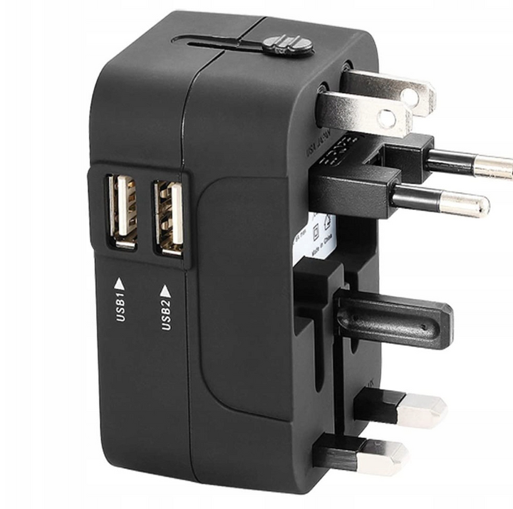 Adaptor incarcator universal pentru calatorie, Zola®, plastic, 2 porturi USB, universal, 4.8x7.6x3.8 cm, negru
