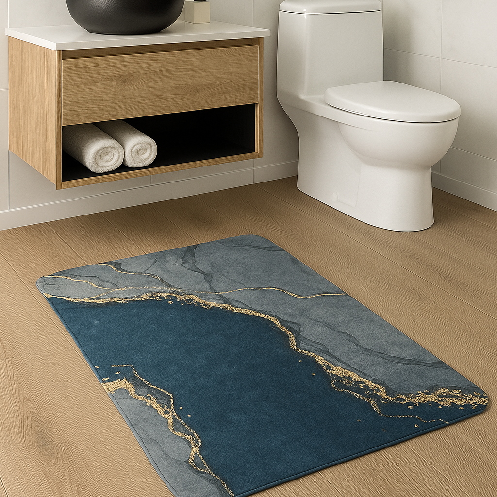 Covor de baie, Zola, model abstract, 50 x 80 cm, antiderapant, poliester, gri albastrui/auriu