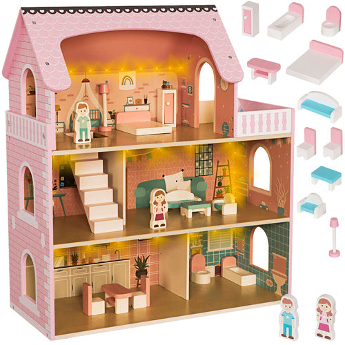 Casuta de papusi din lemn cu lumini LED, Zola, 5 camere, balcon, complet utilata, 3 etaje,  27 x 62 x 70 cm, multicolora