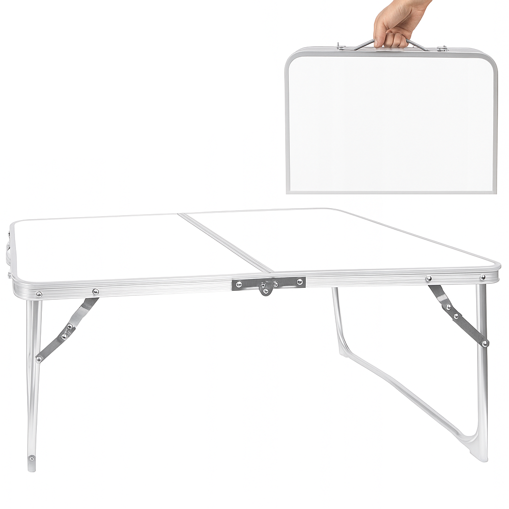 Masuta turistica pliabila, Zola, pliere tip valiza, greutate suportata 20kg, cadru aluminiu, MDF, 60 x 40 x 25 cm, alb