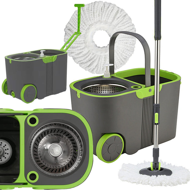 Set mop rotativ si galeata, Zola, 360°, maner reglabil, doua sisteme rotire, centrifuga inox, roti, recipient detegent, capac evacuare apa, 2 rezerve microfibra, gri/verde