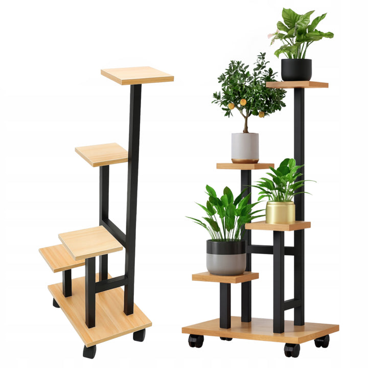 Suport pentru ghivece de flori, Zola, 4 polite, roti pivotante, metal/PAL, 34x23x87 cm, negru/bej