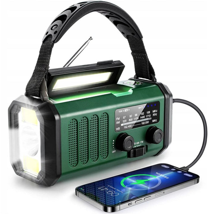 Radio multifunctional portabil, Zola, 6 in 1, lanterna, SOS, incarcare solara/manuala/USB, functie powerbank, 10000 mAh, AM/FM, 16 x 9 x 8 cm, negru/verde