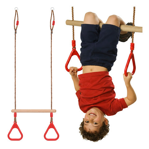Leagan din lemn multifunctional pentru copii, Zola, cu inele pentru gimnastica, rosii, franghii reglabile 140 - 211 cm, greutate suportatata 100 kg, 16 x 43 x 211 cm