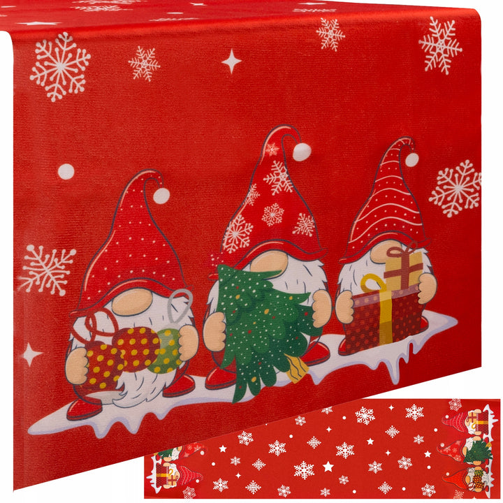 Napron decorativ pentru sarbatori, Zola®,  rosu cu fulgi de nea si spiridusi, 220 x 40 cm