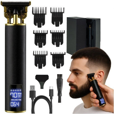 Set masina de tuns, ras si conturat barba, Zola, 6 accesorii, 1.5-9 mm, 3 trepte viteza, afisaj LCD, perie, incarcare USB, neagra
