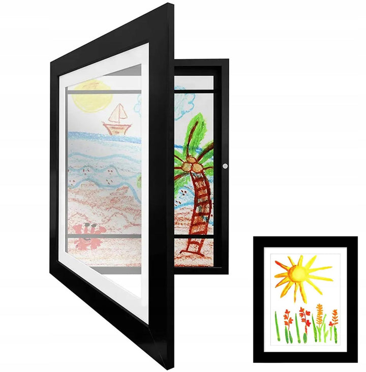 Rama cu passepartout pentru poze si desene, Zola®, loc stocare in interior, sistem de inchidere magnetica, format A4, din lemn, dimensiuni exterioare 33x25 cm, orientate portret sau landscape, neagra