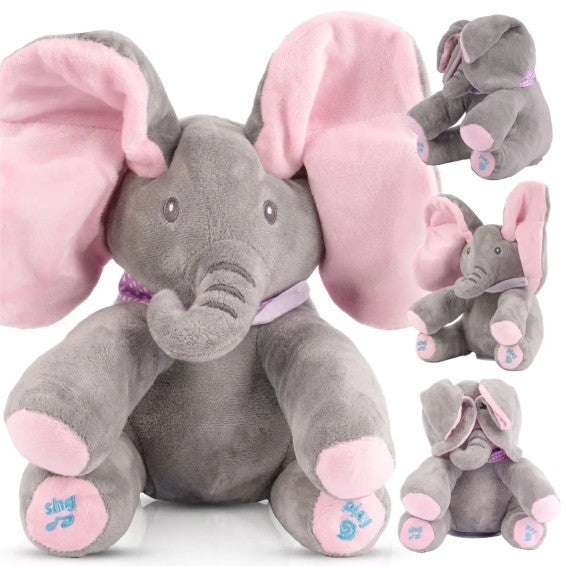Elefant interactiv de plus, Zola, Cucu-Bau, canta si  isi misca urechile, engleza, 30 x 30 x 25 cm, roz