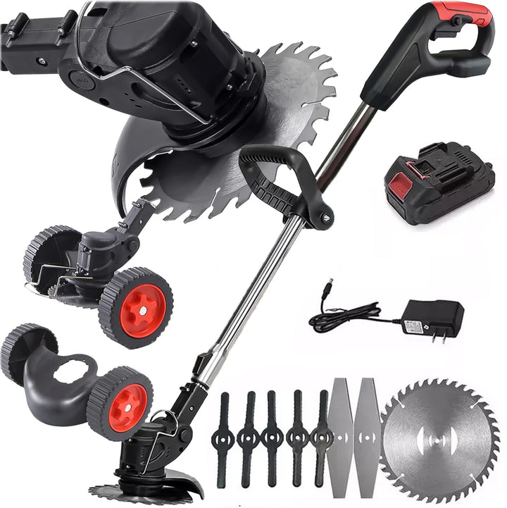 Motocoasa cu acumulator, Zola, multifunctionala, trimmer, 2 lame metalice, 5 lame din plastic, 1x disc Widia, manerul reglabil si arborele telescopic, roti atasabile