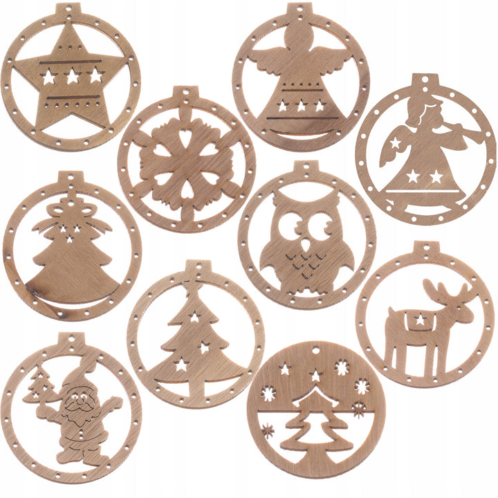 Set 10 decoratiuni din lemn,  Zola®, pentru bradul de Craciun, diverse modele,  6.4 x 6.9 cm