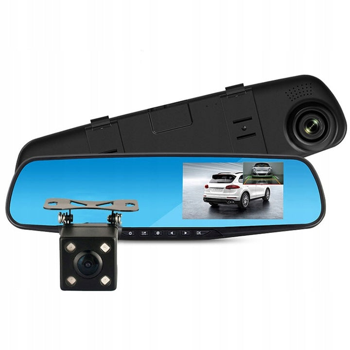 Oglinda retrovizoare cu camera fata-spate, Zola,  Full HD, unghi detectare 170°, microfon si difuzor incorporate, G senzor, senzor de miscare, slot Micro SD, inregistrare nocturna, 30.5 x 8.5 cm