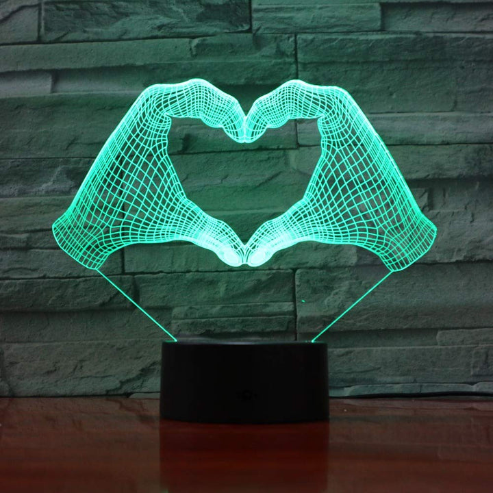 Lampa 3D pentru noptiera, Zola, model maini in forma de inima, LED, RGB, telecomanda, 0.5W, din plastic si acril, neagra