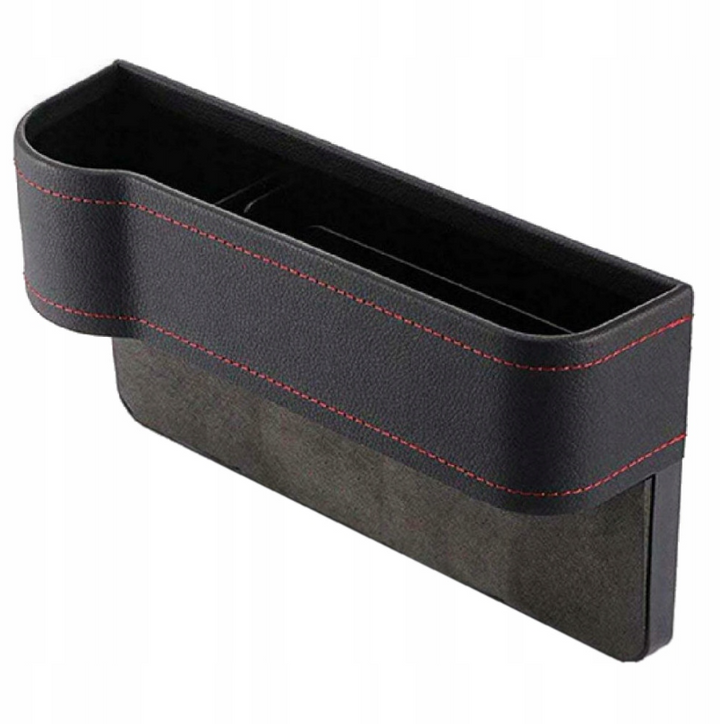 Organizator pentru masina, Zola®, cu suport de pahare, finisat cu piele ecologica, montare intre scaun si panoul central, 27x14x7 cm, negru