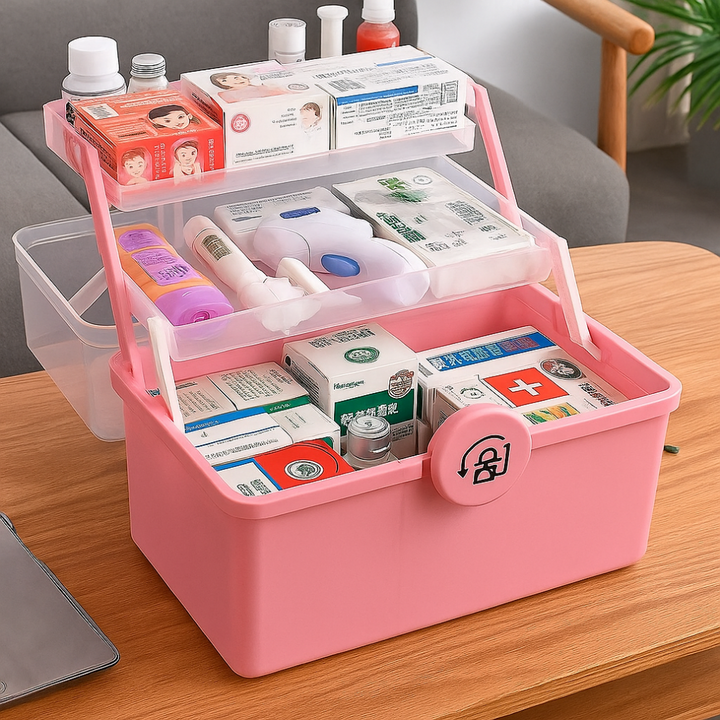 Cutie de medicamente organizatoare, Zola, 2 rafturi mobile, 26 x 18 x 13 cm, 6 compartimente, sistem de inchidere, maner de transport, roz