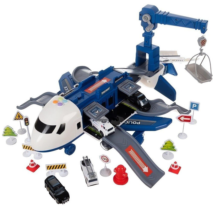 Avion de politie de dimensiuni mari, Zola, multifunctional, pliabil, parcare, macara, masinute incluse, dimensiuni 37-63 x 35-45x21.5-25 cm