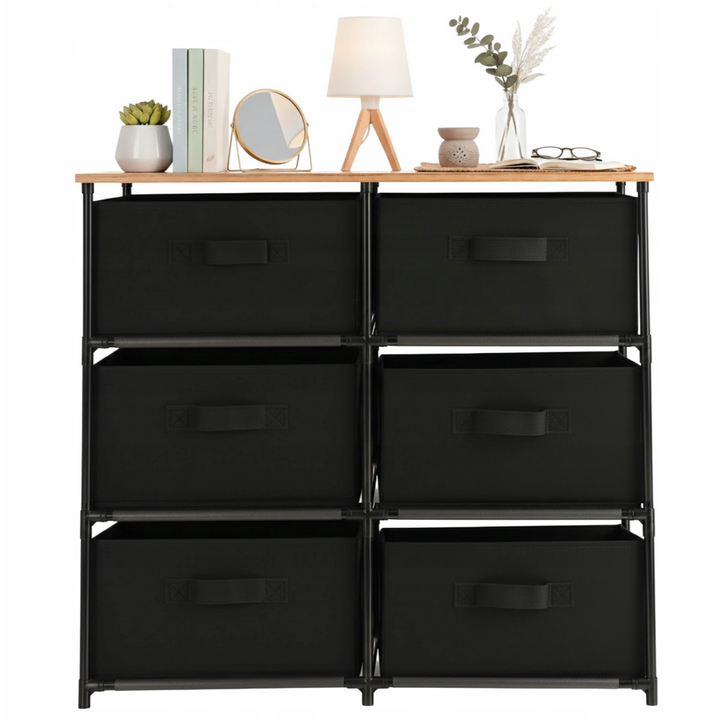 Raft organizator dublu cu 6 cutii, Zola, cadru otel, blat PAL, dimensiuni 76 x 30 x 68 cm, negru/maro