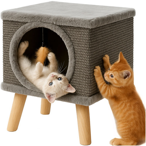 Casuta pentru pisici, Zola, interior moale, jucarie, picioare lemn, 38 x 32 x 32 cm, gri