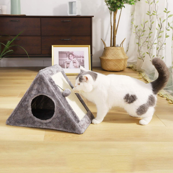 Casuta pufoasa pentru pisici, Zola®, cu loc pentru zgariat si minge, 44x42x26 cm, gri