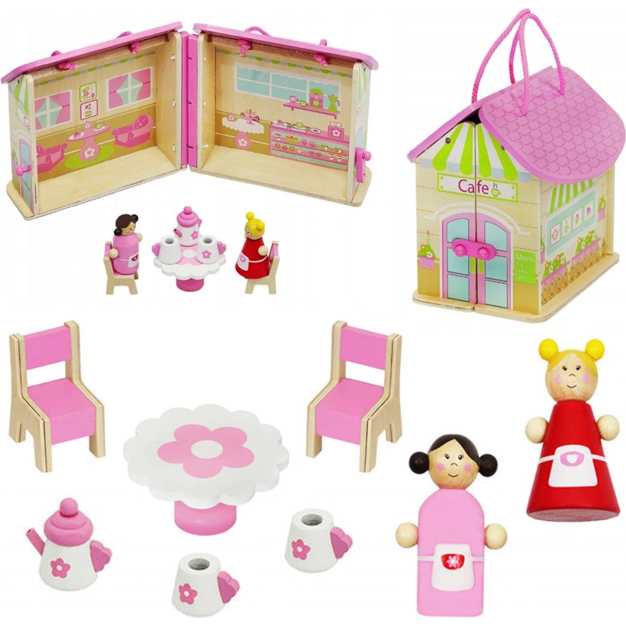 Casuta pentru papusi, Zola®, cafenea, 2 omuleti si accesorii, din lemn, 19x16x25.5 cm
