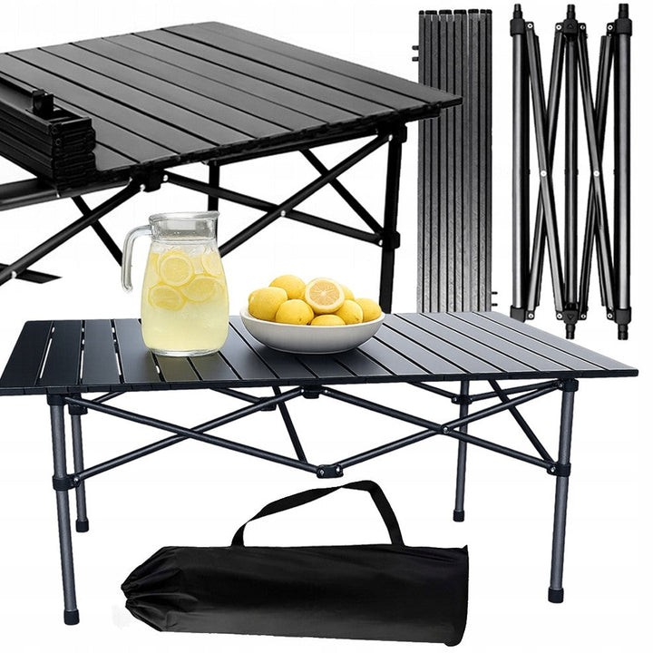 Masa camping pliabila, Zola, impermeabila, picioare antiderapante, geanta transport, 118x55x49 cm, neagra