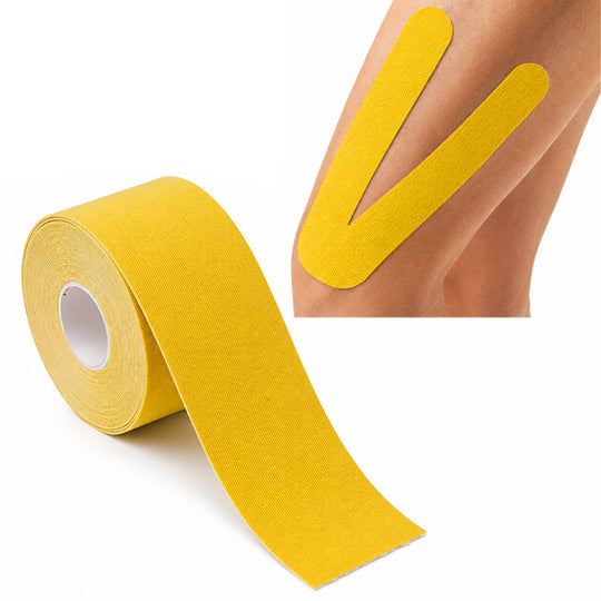 Banda kinesiologica, UBX, 5 cm x 5 m, elastica, hipoalergenica, pentru recuperare si sport, bumbac, galbena