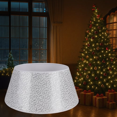 Husa decorativa pentru suport brad, Zola, 60 cm, universala, fixare velcro, alb cu paiete argintii