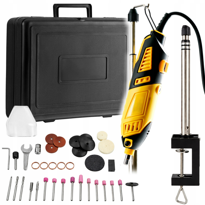 Mini polizor pentru taiere, gravare si slefuire, Zola, 10.000–35.000 rpm, 6 trepte viteza, 185 W, 99 discuri, freze, burghie, carcasa depozitare, 32 x 23.5 x 9 cm