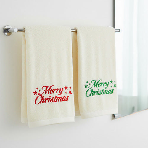 Set 2 prosoape de baie, Zola, 50 x100 cm, model Merry Christmas brodat, bumbac, alb/rosu/verde