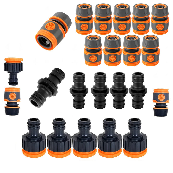 Set 20 conectori pentru furtun si irigatii, Zola, compatibili 1/2" si 3/4", plastic, negru/portocaliu