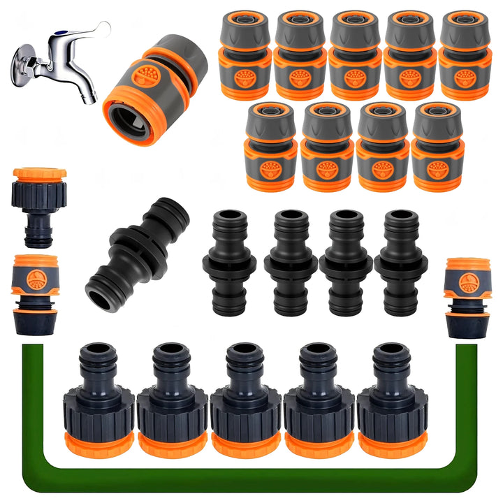 Set 20 conectori pentru furtun si irigatii, Zola, compatibili 1/2" si 3/4", plastic, negru/portocaliu
