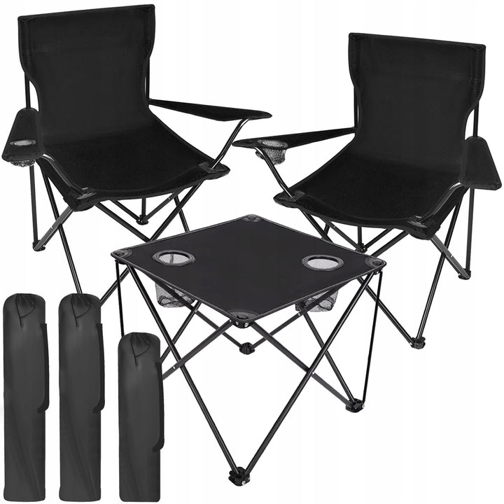Set masuta si 2 scaune pliabile, Zola, pentru pescuit si camping, suport pentru pahare, cadru metalic, tesatura Oxford 600D, impermeabile, dimensiuni scaun  80 x 54 x 52 cm, greutate suportata 100 kg, dimensiuni masa 46 x 46 x 45 cm, negru